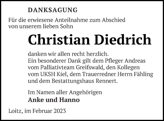 Traueranzeige von Christian Diedrich von Vorpommern Kurier