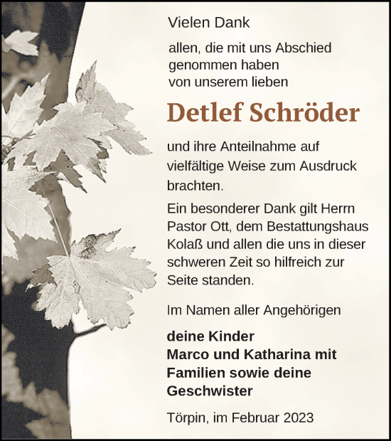 Traueranzeige von Detlef Schröder von Demminer Zeitung