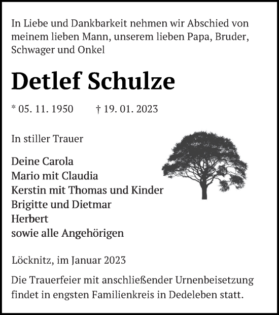 Traueranzeige von Detlef Schulze von Pasewalker Zeitung