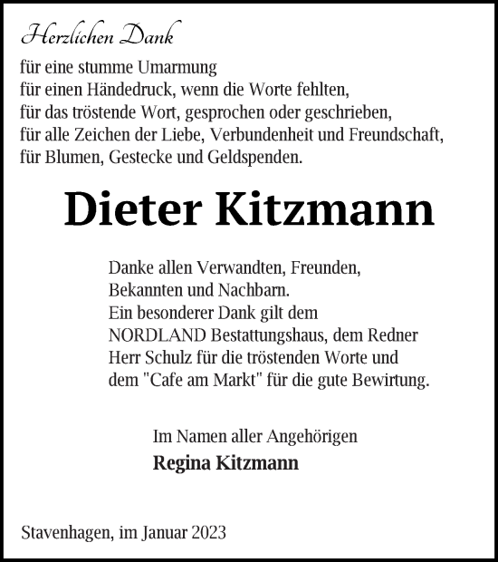 Traueranzeige von Dieter Kitzmann von Mecklenburger Schweiz