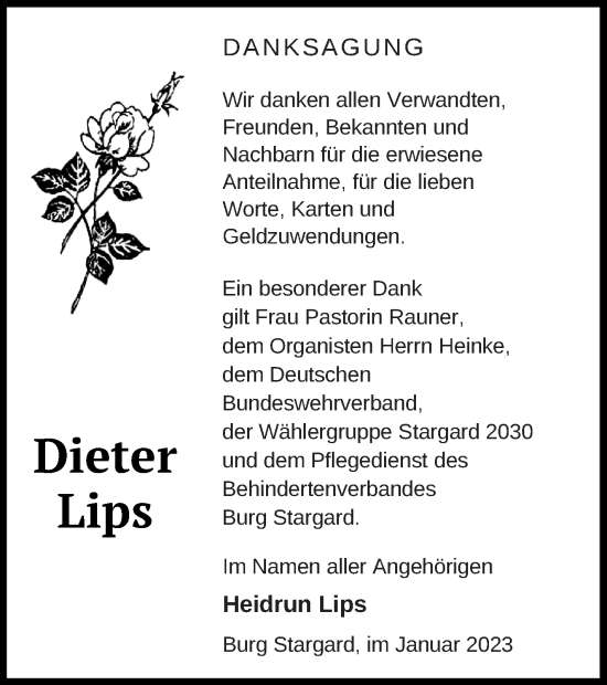 Traueranzeige von Dieter Lips von Neubrandenburger Zeitung