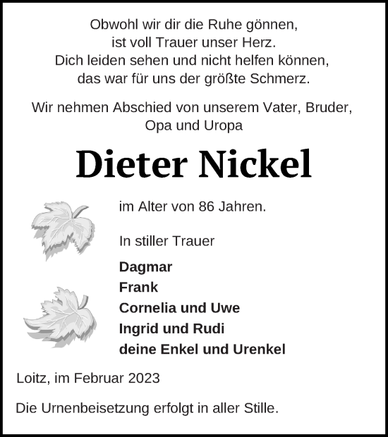 Traueranzeige von Dieter Nickel von Vorpommern Kurier