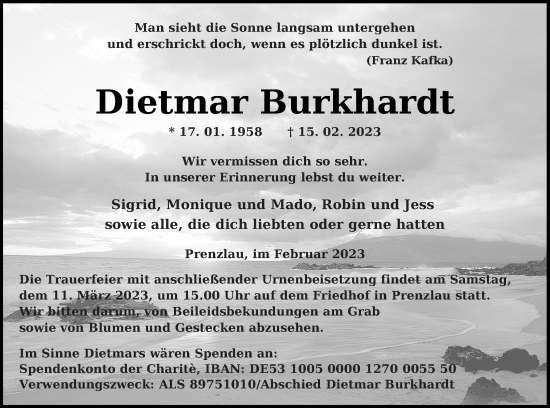 Traueranzeige von Dietmar Burkhardt von Prenzlauer Zeitung