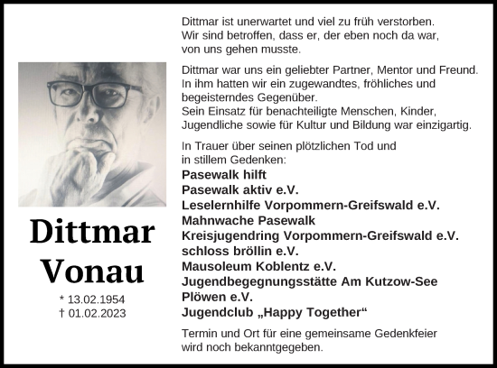 Traueranzeige von Dittmar Vonau von Pasewalker Zeitung