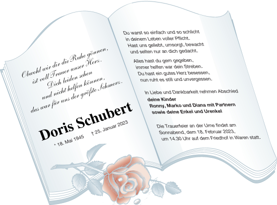 Traueranzeige von Doris Schubert von Müritz-Zeitung