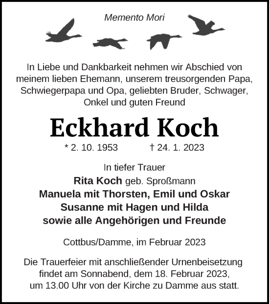 Traueranzeige von Eckhard Koch von Prenzlauer Zeitung