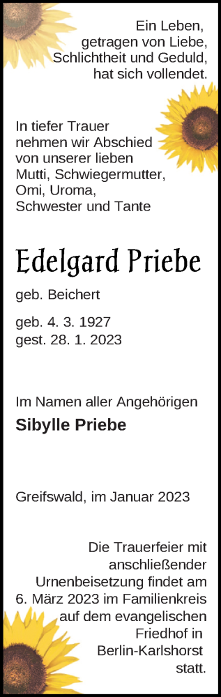 Traueranzeige von Edelgard Priebe von Vorpommern Kurier