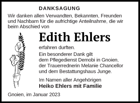 Traueranzeige von Edith Ehlers von Mecklenburger Schweiz