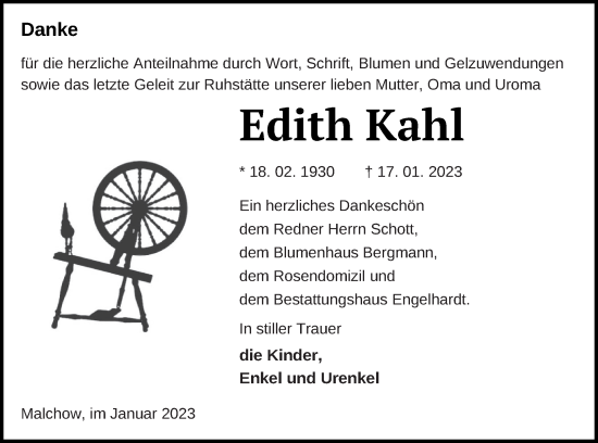 Traueranzeige von Edith Kahl von Müritz-Zeitung