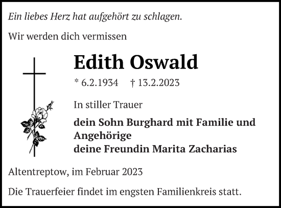 Traueranzeige von Edith Oswald von Neubrandenburger Zeitung