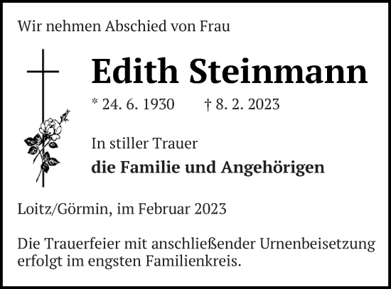 Traueranzeige von Edith Steinmann von Vorpommern Kurier