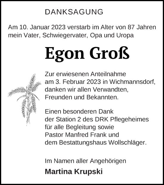 Traueranzeige von Egon Groß von Templiner Zeitung