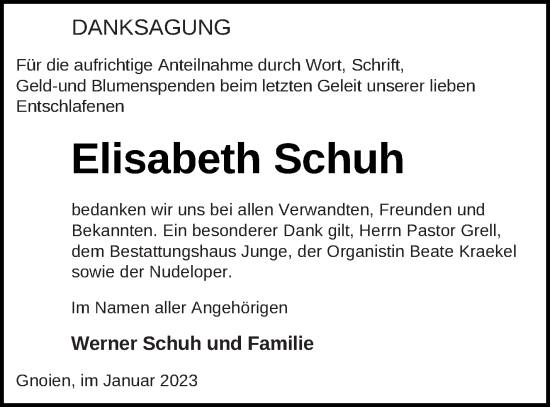 Traueranzeige von Elisabeth Schuh von Mecklenburger Schweiz