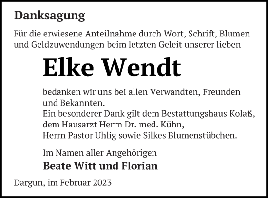 Traueranzeige von Elke Wendt von Demminer Zeitung