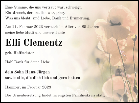 Traueranzeige von Elli Clementz von Haff-Zeitung