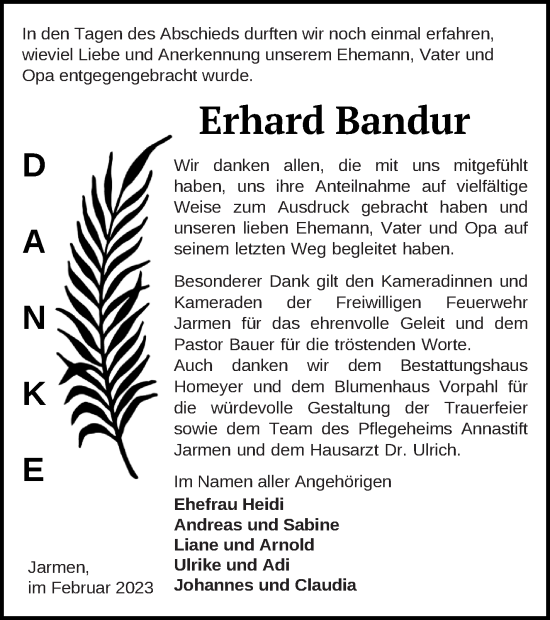 Traueranzeige von Erhard Bandur von Vorpommern Kurier