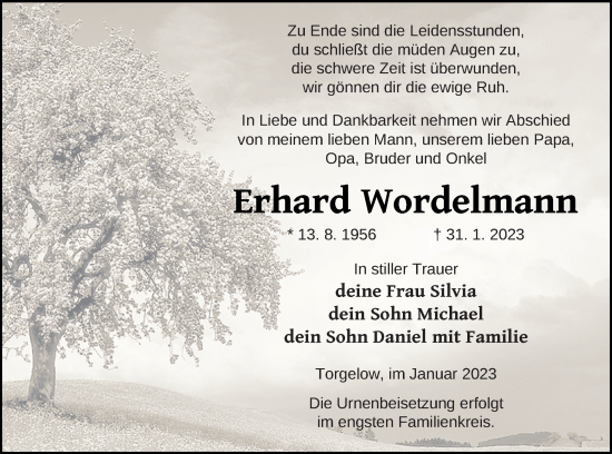 Traueranzeige von Erhard Wordelmann von Haff-Zeitung