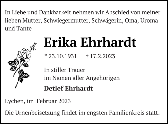 Traueranzeige von Erika Ehrhardt von Templiner Zeitung