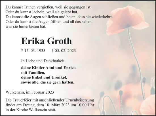 Traueranzeige von Erika Groth von Neubrandenburger Zeitung