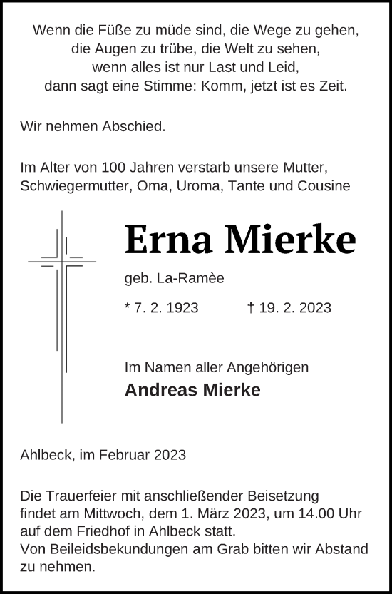 Traueranzeige von Erna Mierke von Haff-Zeitung