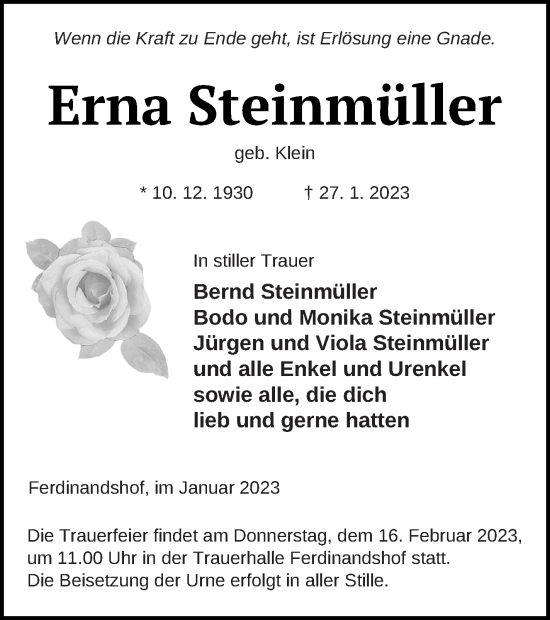 Traueranzeige von Erna Steinmüller von Haff-Zeitung