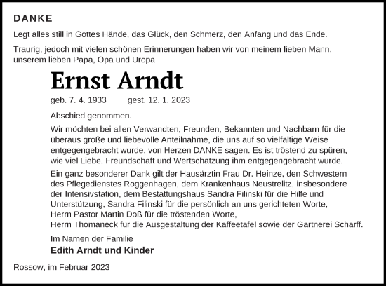 Traueranzeige von Ernst Arndt von Neubrandenburger Zeitung