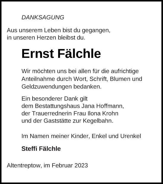 Traueranzeige von Ernst Fälchle von Neubrandenburger Zeitung