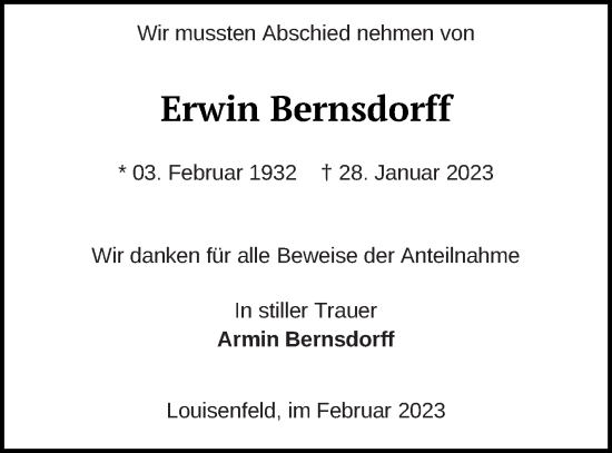 Traueranzeige von Erwin Bernsdorff von Müritz-Zeitung