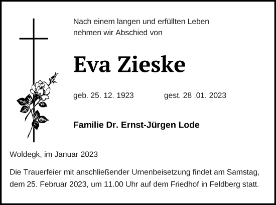 Traueranzeige von Eva Zieske von Strelitzer Zeitung