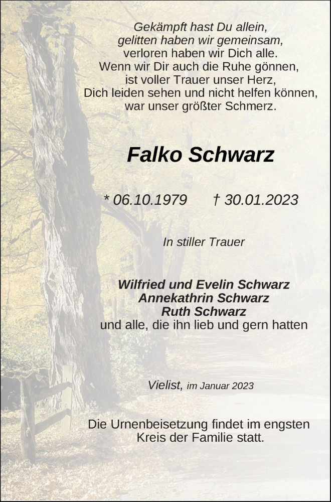  Traueranzeige für Falko Schwarz vom 03.02.2023 aus Müritz-Zeitung