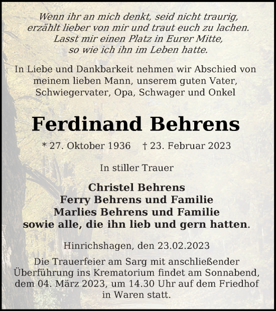 Traueranzeige von Ferdinand Behrens von Müritz-Zeitung