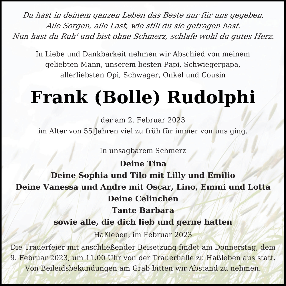  Traueranzeige für Frank Rudolphi vom 07.02.2023 aus Prenzlauer Zeitung