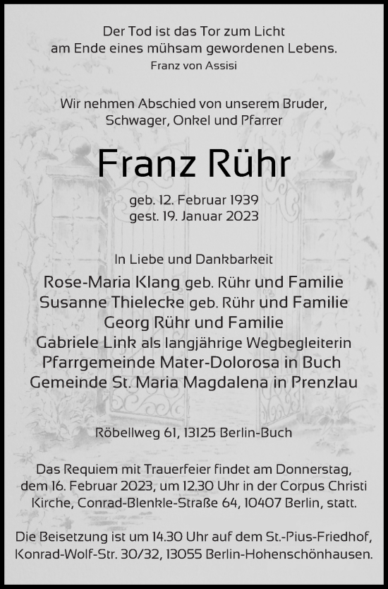 Traueranzeige von Franz Rühr von Prenzlauer Zeitung