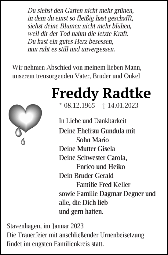 Traueranzeige von Freddy Radtke von Mecklenburger Schweiz