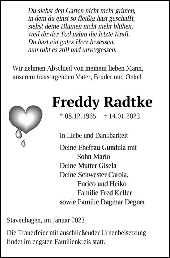 Traueranzeige von Freddy Radtke von Mecklenburger Schweiz