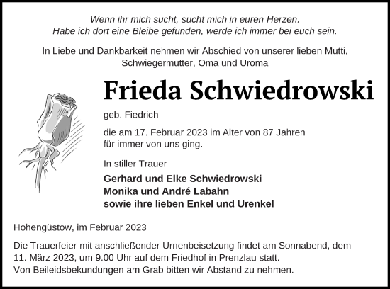 Traueranzeige von Frieda Schwiedrowski von Prenzlauer Zeitung