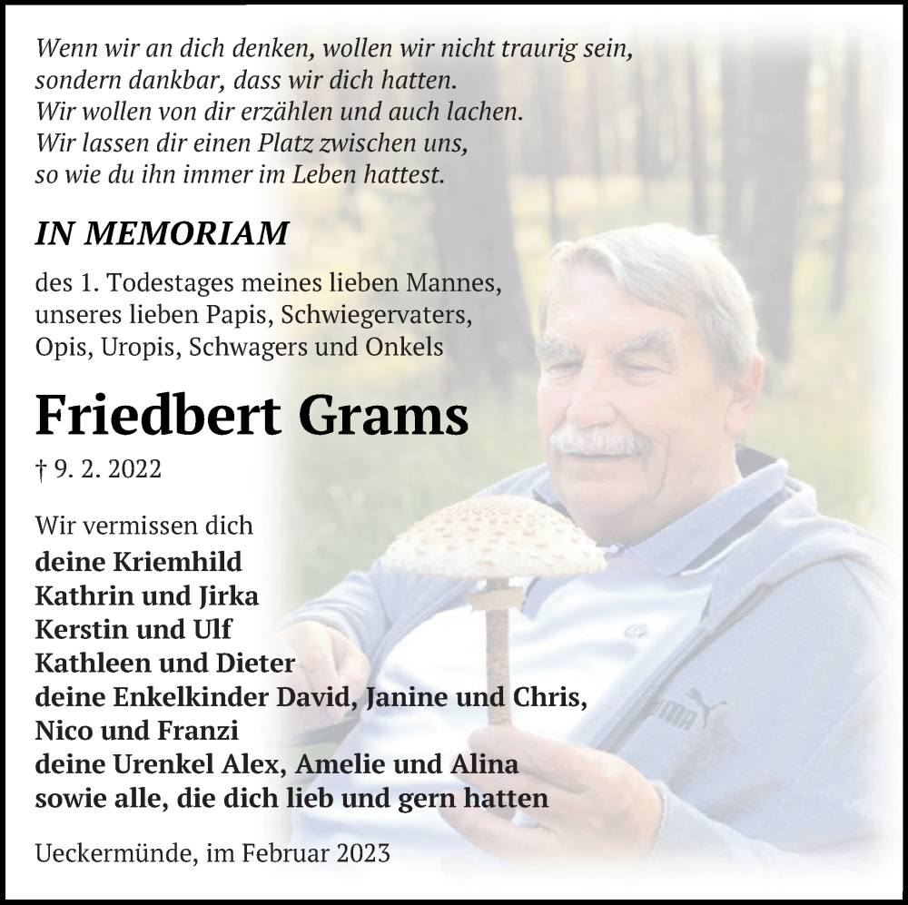  Traueranzeige für Friedbert Grams vom 09.02.2023 aus Haff-Zeitung