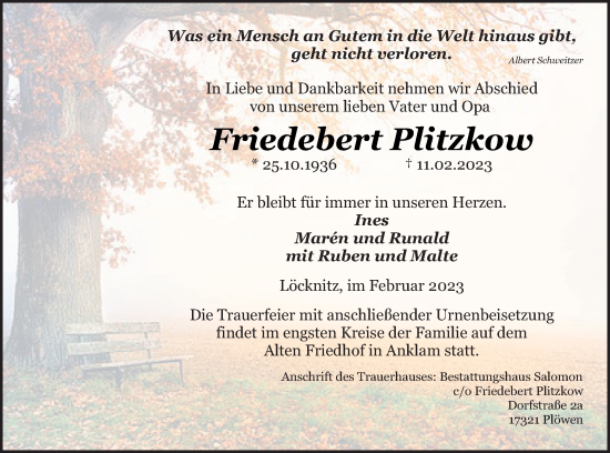 Traueranzeige von Friedebert Plitzkow von Vorpommern Kurier