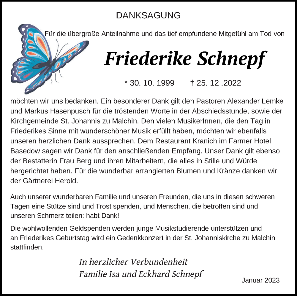  Traueranzeige für Friederike Schnepf vom 04.02.2023 aus Mecklenburger Schweiz