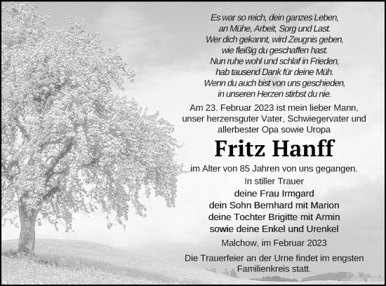 Traueranzeige von Fritz Hanff von Müritz-Zeitung