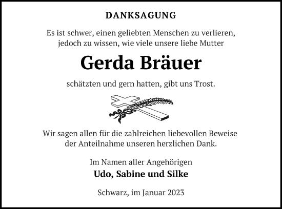 Traueranzeige von Gerda Bräuer von Strelitzer Zeitung