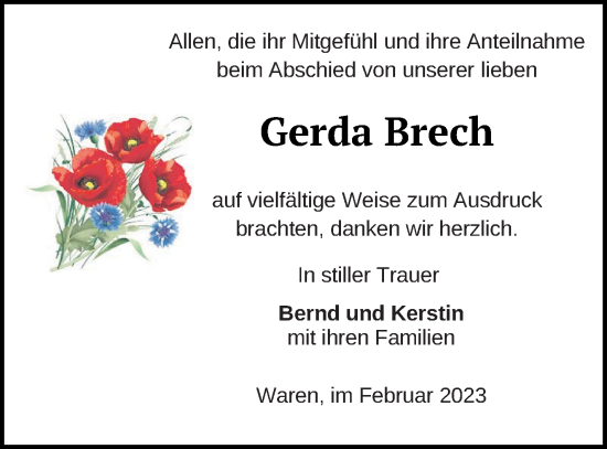 Traueranzeige von Gerda Brech von Müritz-Zeitung