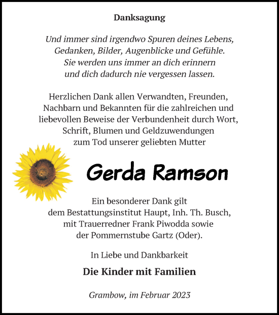 Traueranzeige von Gerda Ramson von Pasewalker Zeitung