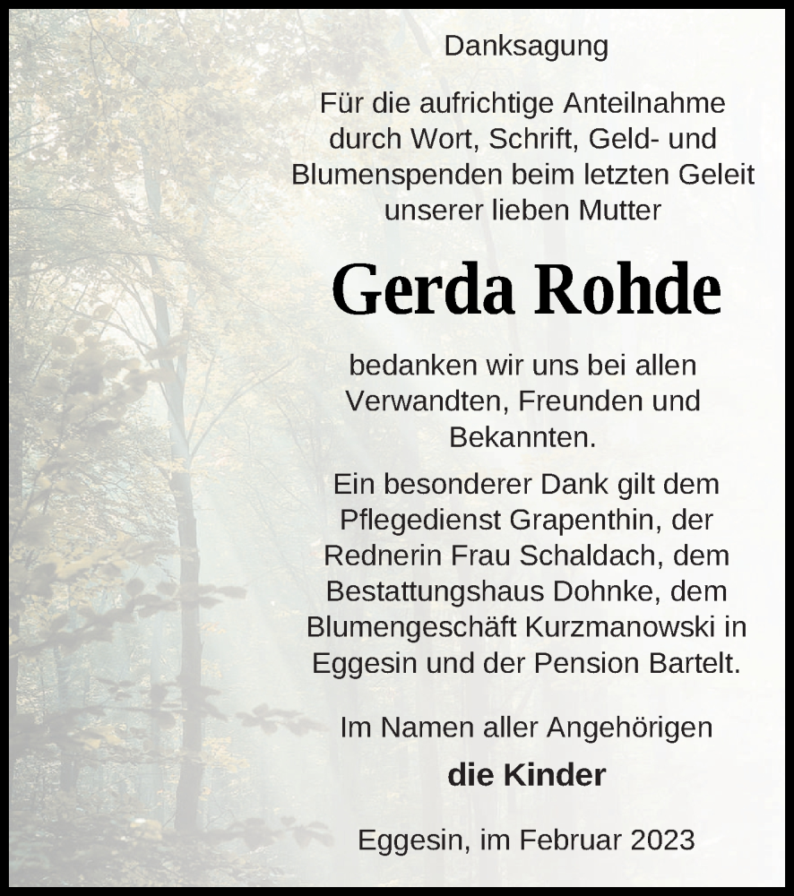  Traueranzeige für Gerda Rohde vom 17.02.2023 aus Haff-Zeitung
