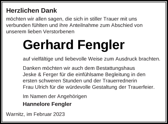 Traueranzeige von Gerhard Fengler von Prenzlauer Zeitung