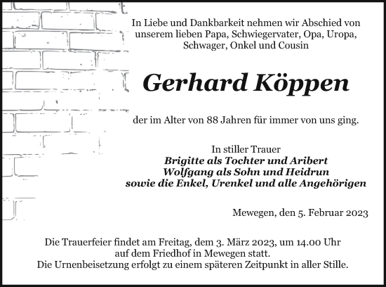 Traueranzeige von Gerhard Köppen von Pasewalker Zeitung