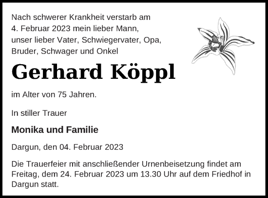 Traueranzeige von Gerhard Köppl von Mecklenburger Schweiz