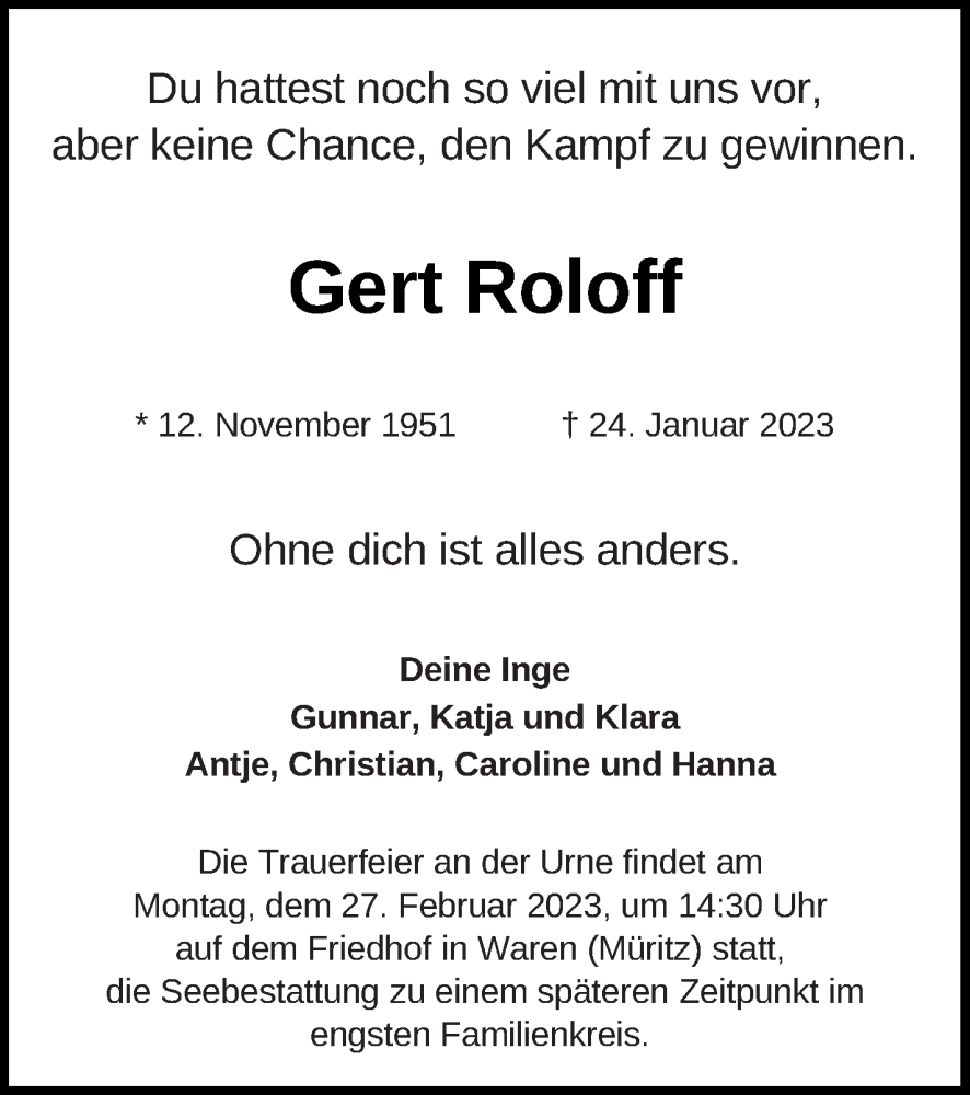  Traueranzeige für Gert Roloff vom 04.02.2023 aus Müritz-Zeitung