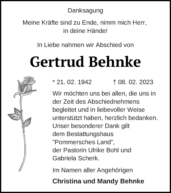 Traueranzeige von Gertrud Behnke von Pasewalker Zeitung