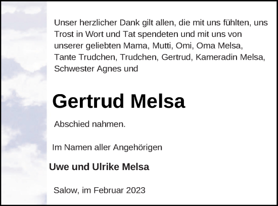 Traueranzeige von Gertrud Melsa von Neubrandenburger Zeitung